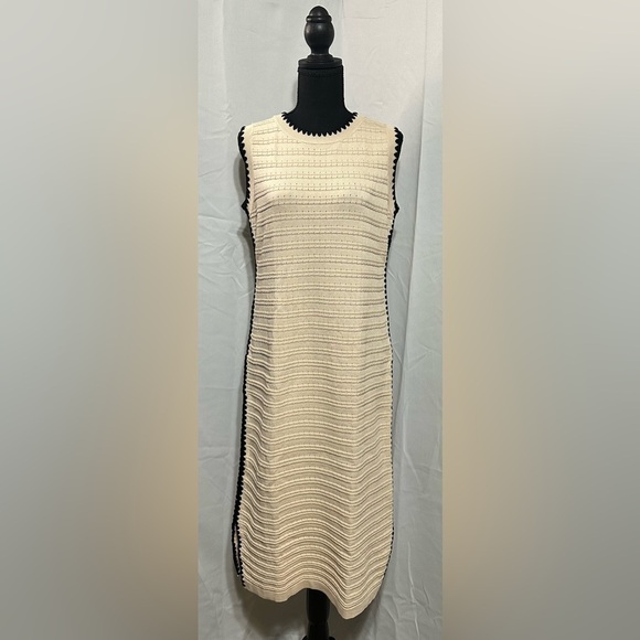 WATASHI Tan/Black Tank Knit Dress Round Neck Side Split Scalloped Edge Size M - Picture 1 of 10
